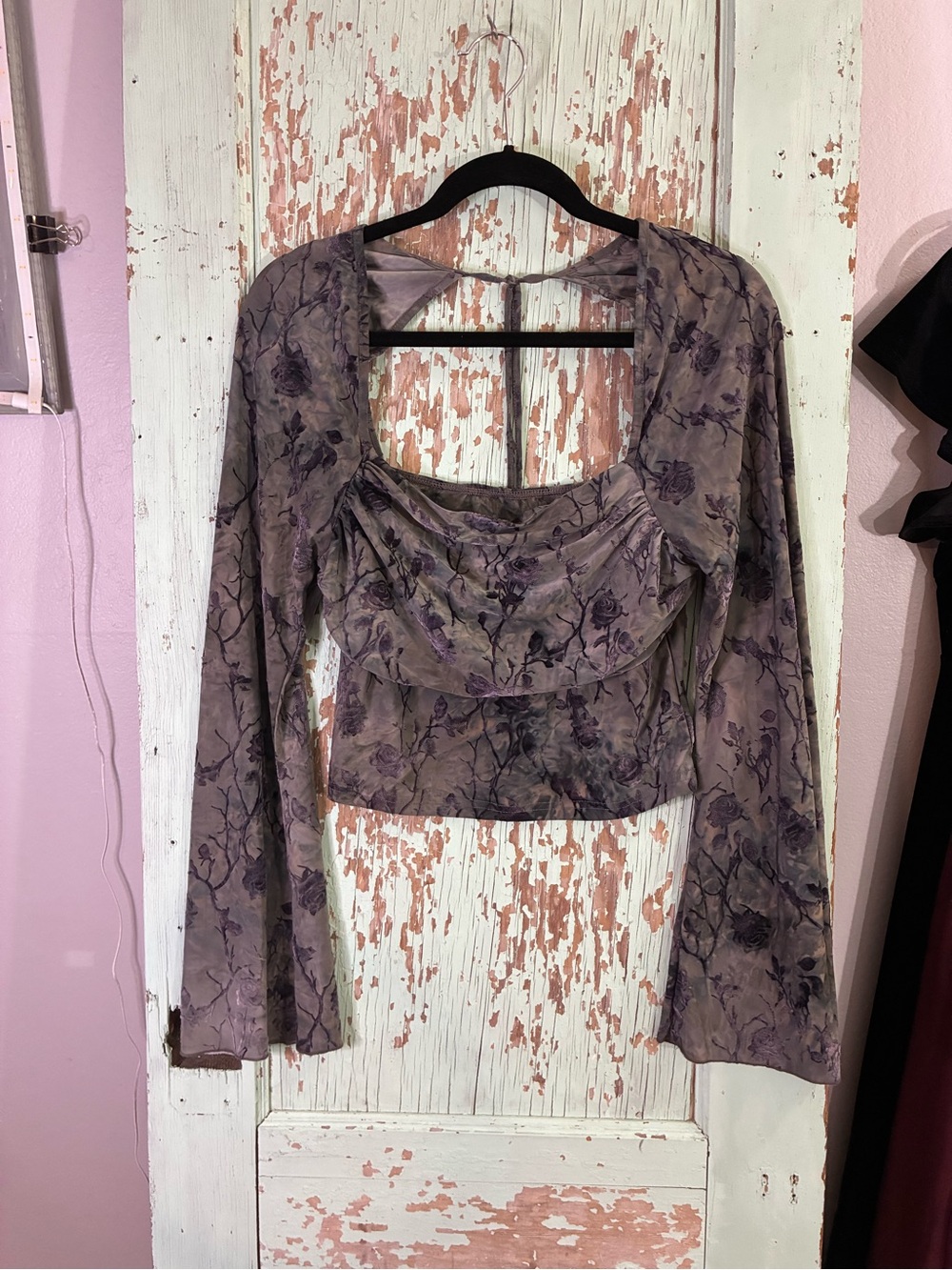 Cider Floral bell Long-Sleeve Crop Top - Dusty Lavender